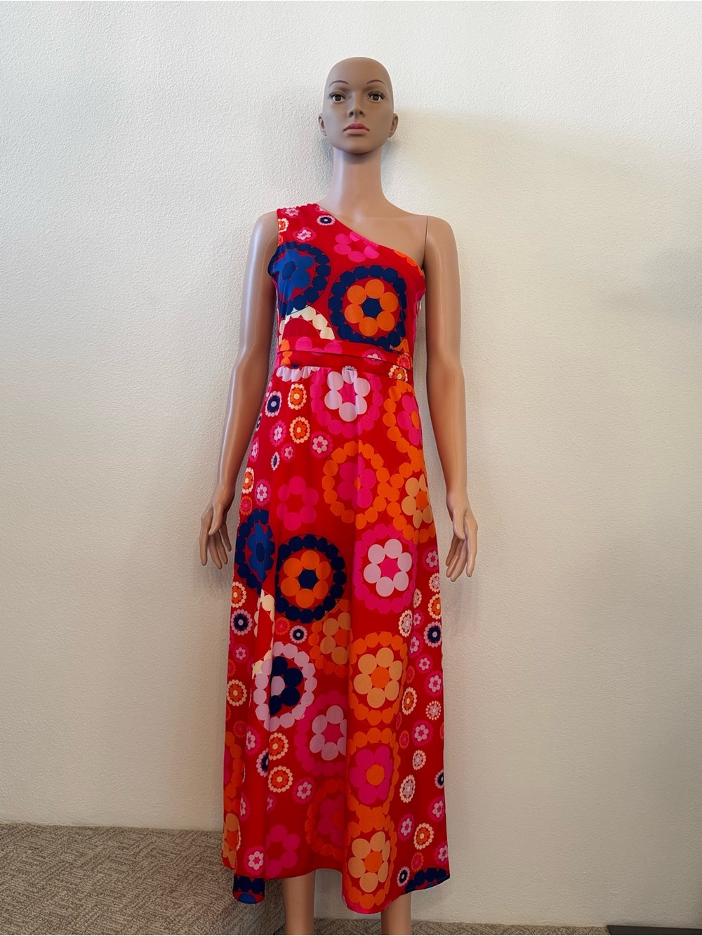 One-Shoulder Red Floral Maxi Dress